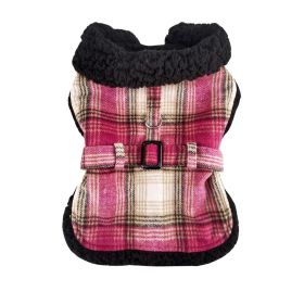 Sherpa-Lined Dog Harness Coat (Color: Hot Pink & Tan Plaid, size: medium)